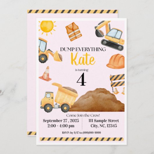 Girl Construction Birthday Invitation Kaart (Voorkant / Achterkant)