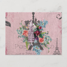 Girl Corloful Red Roses Paris Eiffeltoren Briefkaart