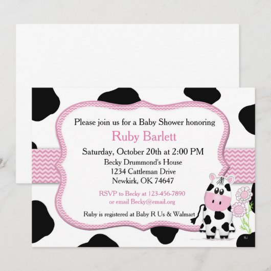 Girl Cow Baby shower Uitnodiging Chevron Print (Voorkant / Achterkant)