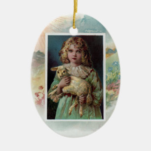 Girl Cradling Lamb Victoriaans Pasen Keramisch Ornament