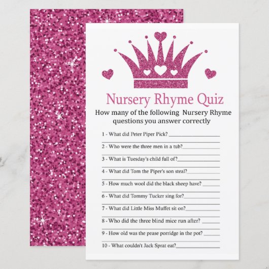 Girl Crown Nursery Rhyme Quiz baby shower game (Voorkant / Achterkant)