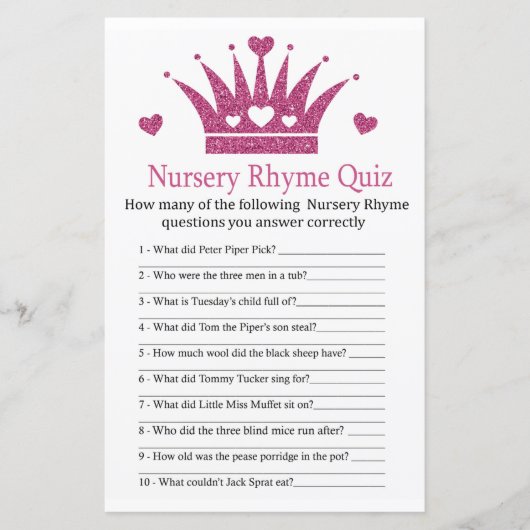 Girl Crown Nursery Rhyme Quiz baby shower game (Voorkant)