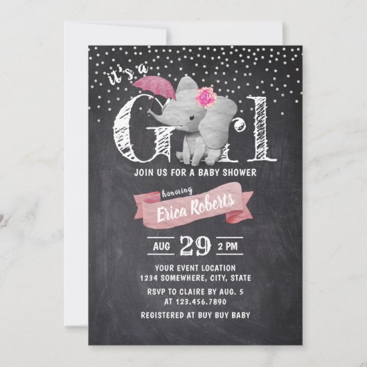 Girl Cute Elephant Rustic Chalkboard Baby shower Kaart (Voorkant)