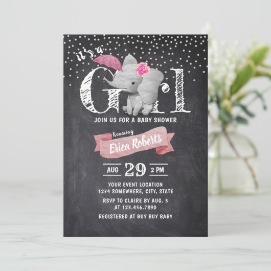 Girl Cute Elephant Rustic Chalkboard Baby shower Kaart (Staand voorkant)