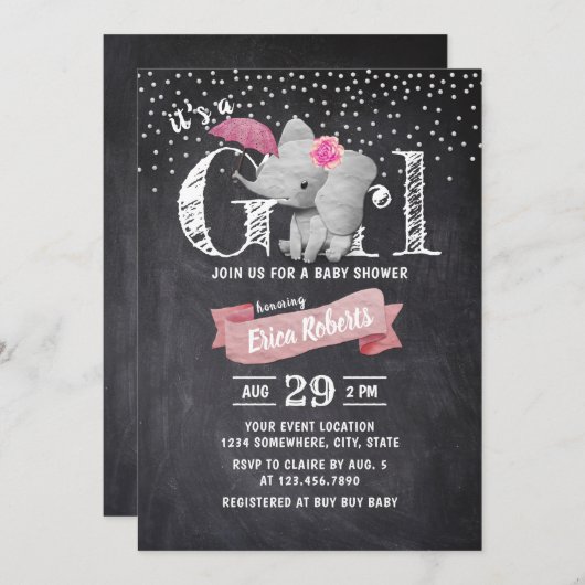 Girl Cute Elephant Rustic Chalkboard Baby shower Kaart (Voorkant / Achterkant)