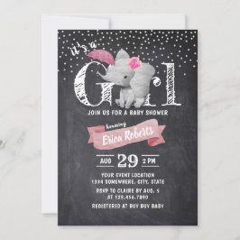 Girl Cute Elephant Rustic Chalkboard Baby shower Kaart