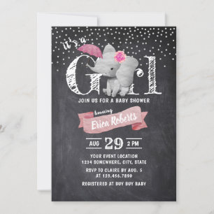 Girl Cute Elephant Rustic Chalkboard Baby shower Kaart