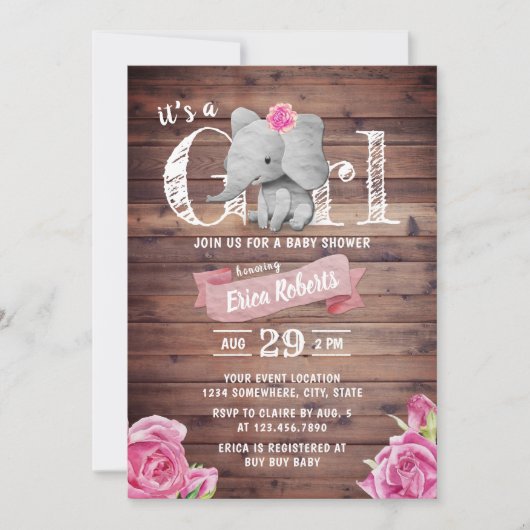 Girl Cute Elephant Rustic Floral Baby shower Kaart (Voorkant)