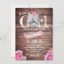 Girl Cute Elephant Rustic Floral Baby shower Kaart