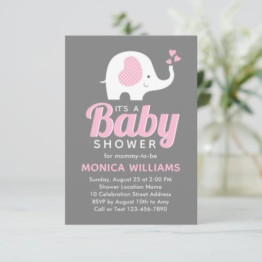 Girl Cute Pink Grey Elephant Baby shower Kaart (Staand voorkant)