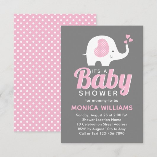 Girl Cute Pink Grey Elephant Baby shower Kaart (Voorkant / Achterkant)