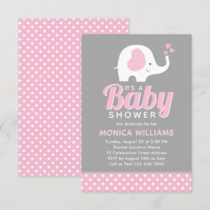 Girl - Cute Pink Grey Elephant Baby shower Kaart