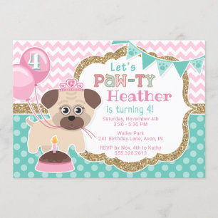 Girl Cute Princess Puppy Pawty Birthday Invitation Kaart