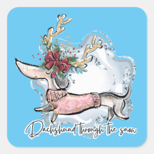 Girl Dachshund door de sneeuw Vierkante Sticker