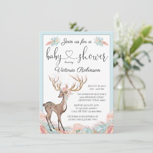 Girl Deer Roze Blauwgroen Waterverf Baby shower Kaart (Staand voorkant)