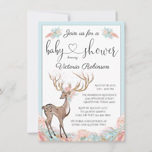 Girl Deer Roze Blauwgroen Waterverf Baby shower Kaart (Voorkant)