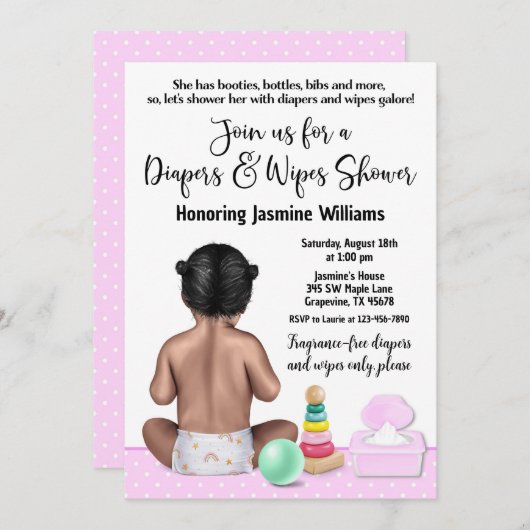 Girl Diaper Shower-uitnodiging Kaart (Voorkant / Achterkant)