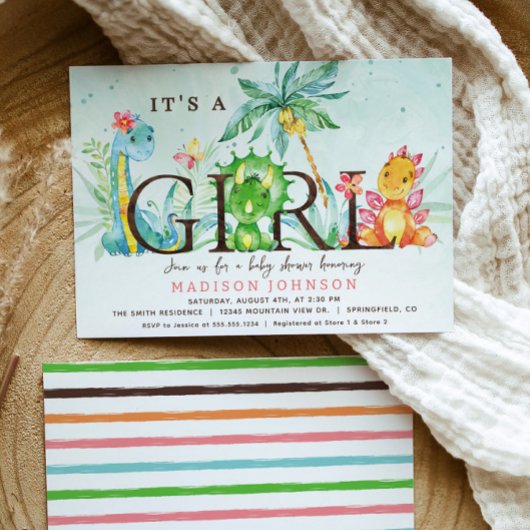Girl Dinosaur Baby shower Invitation Kaart
