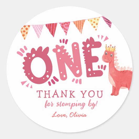 Girl Dinosaur Birthday Bedankt Ronde Sticker (Voorkant)