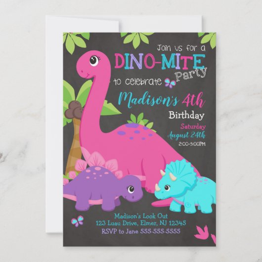 Girl Dinosaur Birthday Invitation / Dino Party Kaart (Voorkant)