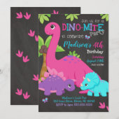 Girl Dinosaur Birthday Invitation / Dino Party Kaart (Voorkant / Achterkant)
