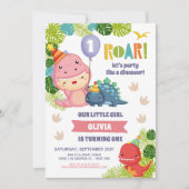 Girl Dinosaur Birthday Invitation Kaart (Voorkant)