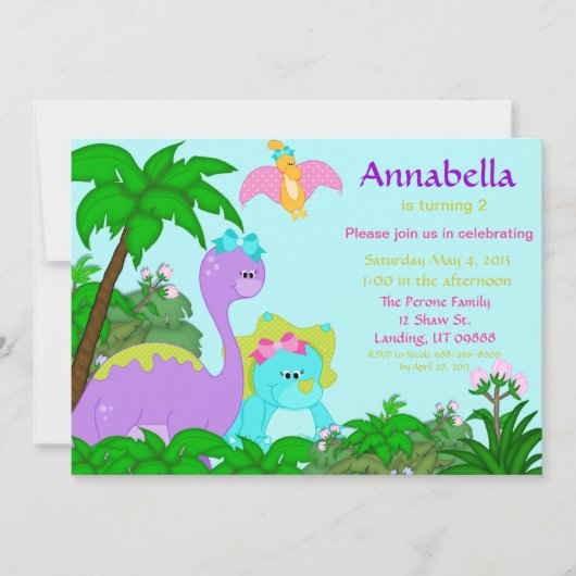 Girl Dinosaur Birthday Invitation Kaart (Voorkant)