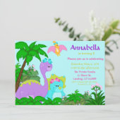 Girl Dinosaur Birthday Invitation Kaart (Staand voorkant)