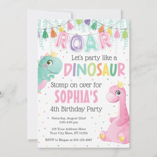 Girl Dinosaur Birthday Invitation Kaart (Voorkant)