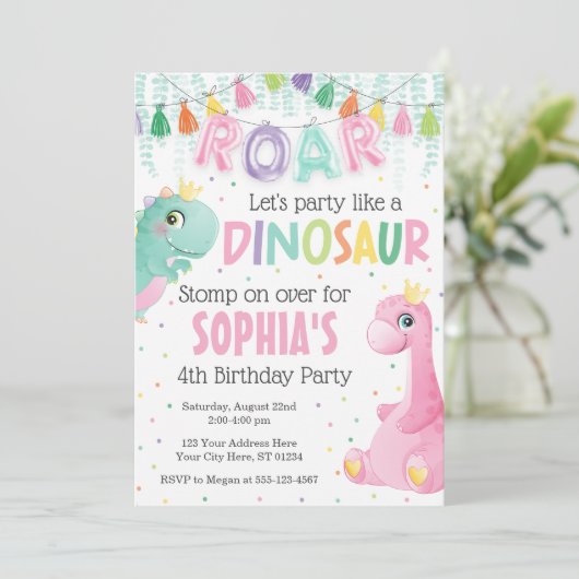 Girl Dinosaur Birthday Invitation Kaart (Staand voorkant)