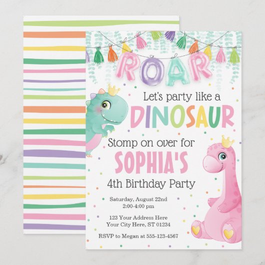 Girl Dinosaur Birthday Invitation Kaart (Voorkant / Achterkant)