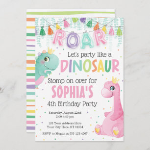 Girl Dinosaur Birthday Invitation Kaart