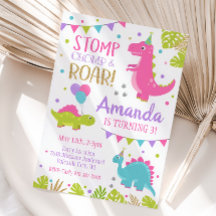 Girl Dinosaur Birthday Invitation
