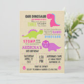 Girl Dinosaur Birthday Invitation Kaart (Staand voorkant)