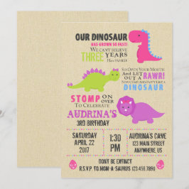 Girl Dinosaur Birthday Invitation Kaart