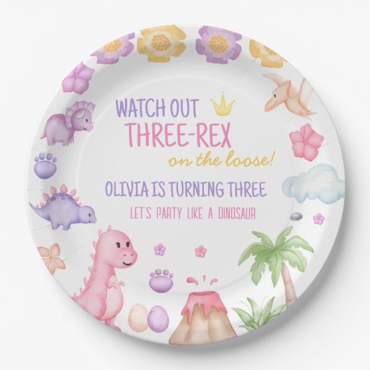 Girl Dinosaur Birthday Papieren Bordje (Voorkant)