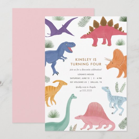 Girl Dinosaur Birthday Party Invitation Kaart (Voorkant / Achterkant)