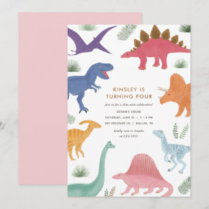 Girl Dinosaur Birthday Party Invitation Kaart