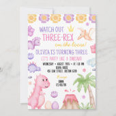 Girl Dinosaur Birthday Party Invitation Kaart (Voorkant)