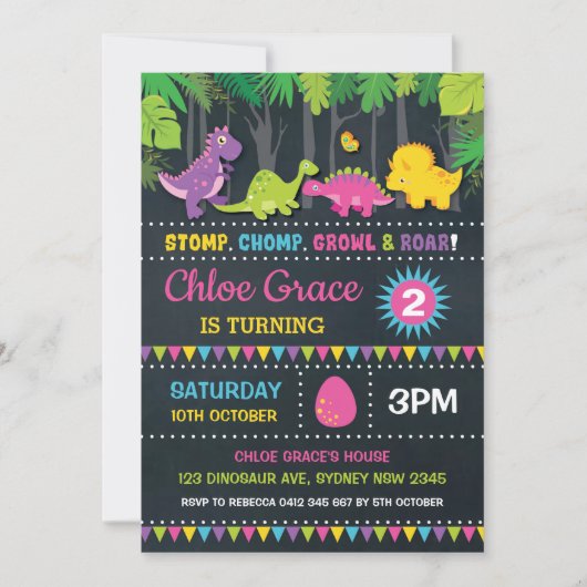 Girl Dinosaur Birthday Party Pink Roar Chalkboard Kaart (Voorkant)