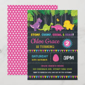 Girl Dinosaur Birthday Party Pink Roar Chalkboard Kaart (Voorkant / Achterkant)