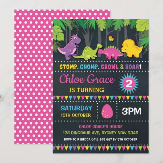 Girl Dinosaur Birthday Party Pink Roar Chalkboard Kaart (Voorkant / Achterkant)