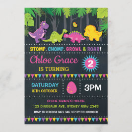 Girl Dinosaur Birthday Party Pink Roar Chalkboard Kaart