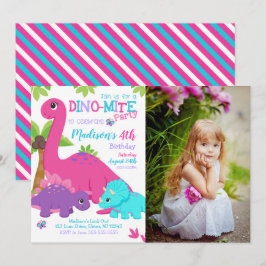 Girl Dinosaur Birthday Photo Invitation Dino Party Kaart