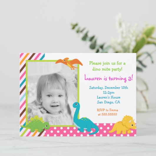 Girl Dinosaur Birthday Uitnodiging voor (Staand voorkant)