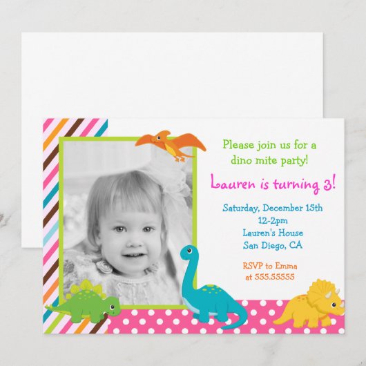 Girl Dinosaur Birthday Uitnodiging voor (Voorkant / Achterkant)