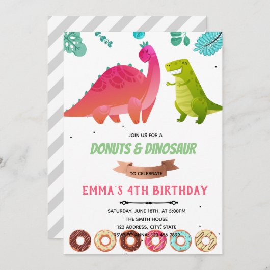 Girl dinosaur donuts thema Uitnodiging (Voorkant / Achterkant)