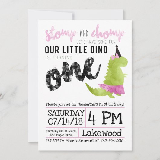 Girl Dinosaur Invitation Tutu First Birthday Kaart (Voorkant)