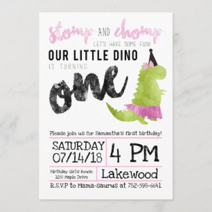 Girl Dinosaur Invitation Tutu First Birthday Kaart