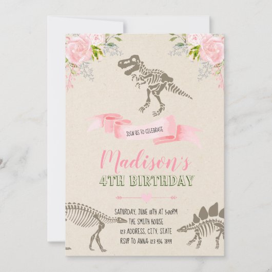 Girl dinosaur partijuitnodiging kaart (Voorkant)